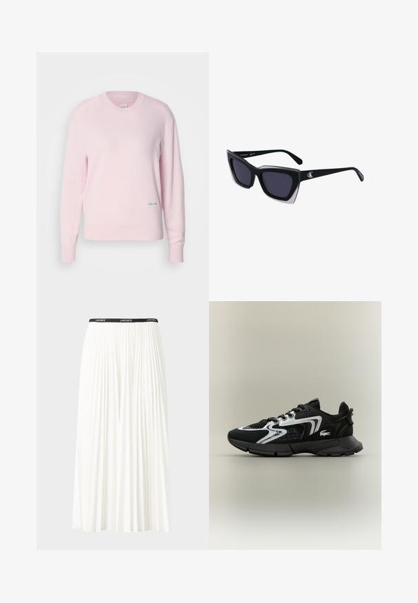 Heledad roosa sviiter pehmest kudumist materjalist. Omab ümmargust kaelust ja pikki varrukasid, madalal vasakul poolel on väike roheline logo.; Kurtitudega valge seelik musta elastse vööga, millel on "LACOSTE" logo. Keskmise pikkusega disain pehme tekstuuriga.; Mustad mustreejalised tossud võrkpaneelidega, hõbedaste aktsentidega ja tekstuuritud mustade pealsetega. Omab kingapaelu ja kõverat, vastupidavat tallat.; Mustad suured mustad prillid geomeetrilise kujuga, tumedate läätsedega ja kontrastse halli detailiga raamidel. Logo käe peal.