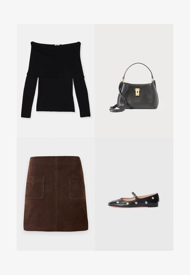 Maglia nera off-the-shoulder a maniche lunghe realizzata in tessuto morbido. Caratterizzata da un corpetto aderente e un ampio scollo. Design semplice e senza cuciture.; Gonna in suede marrone con una classica forma a campana, due tasche frontali con alette arrotondate e dettagli di cucitura sottili.; Scarpa flat nera in pelle tipo Mary Jane con punta arrotondata, caratterizzata da borchie circolari argentate e una fascia regolabile con fibbia.; Borsa a mano in pelle nera con una finitura testurizzata, dotata di chiusura a lucchetto dorato, manico corto e tracolla staccabile.