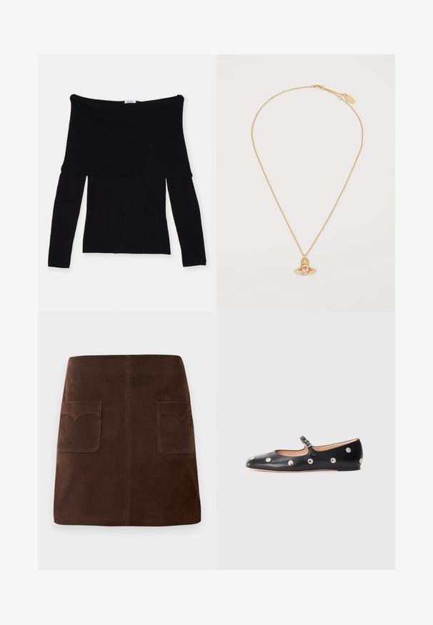 Juodas off-the-shoulder ilgos rankovės marškinėliai, pagaminti iš minkštos medžiagos. Turi prigludusį liemenį ir plačią iškirptę. Paprastas, be siūlių dizainas.; Ruda veliūrinė sijonas, pasižymintis klasikinio A formos siluetu, dviem priekinėmis kišenėmis su apvaliais uždangaliukais ir subtiliais siuvinėjimo akcentais.; Juodų odinių Mary Jane plokščių batų su apvaliu pirštu, papuoštų sidabriniais apvaliais nagais ir reguliuojamu dirželiu su sagtimi.; Auksinė grandinėlė su širdies formos rožiniu akmeniu pakabuku, turinčiu geometrinį dizainą ir mažų skaidrių akcentų.
