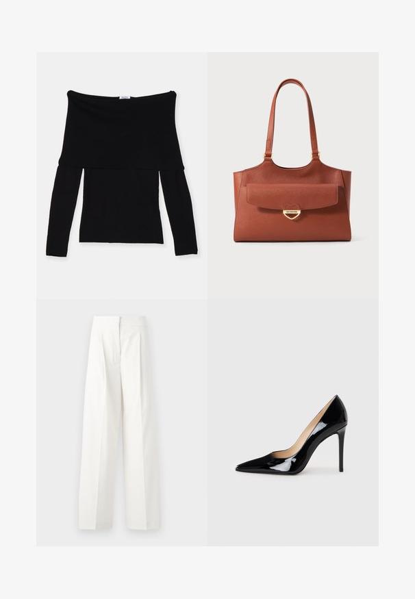Top preto sem alças, com mangas longas, feito de tecido suave. Possui um corpete justo e uma gola larga. Design simples e sem costuras.; Calças largas brancas de cintura alta, com pregas frontais e uma textura suave, confeccionadas em tecido leve.; Sabrinas de salto alto em couro envernizado preto com um design de bico fino e uma silhueta elegante. Apresenta um acabamento suave e brilhante, além de um salto fino e esguio.; Bolsa tote em couro castanho com alças longas, bolso frontal com aba e fecho em forma de coração dourado gravado com "Love Moschino".