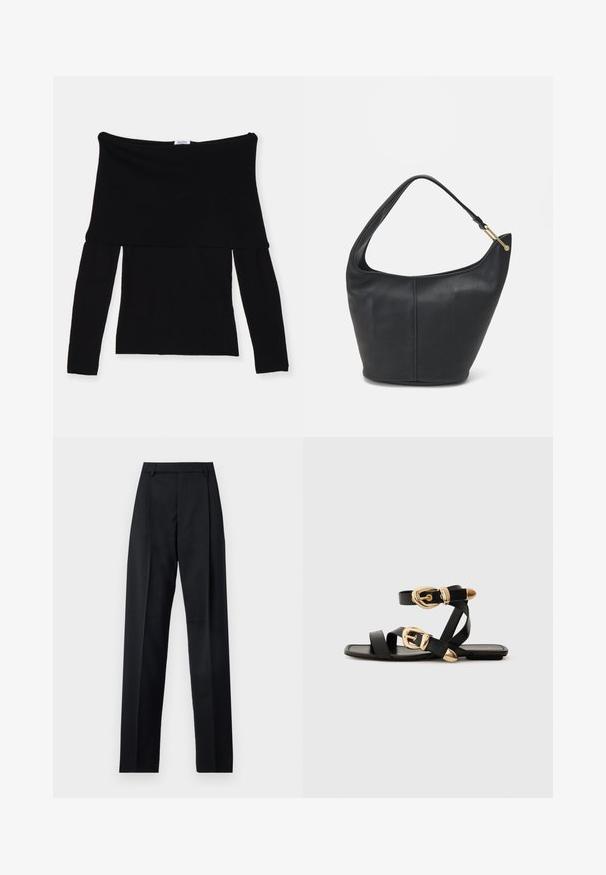 Fekete, lecsúszott vállú, hosszú ujjú felső, puha anyagból készült. Tömör felsőrész és széles dekoltázs jellemzi. Egyszerű, varrás nélküli dizájn.; Fekete nadrág sima anyagból, magas derékkal, széles lábakkal, elülső redőkkel és klasszikus övhurkokkal. Oldalzsebek nem láthatók.; Fekete bőr szandál arany csattal, több hevederrel és lapos talpú dizájnnal, nyitott lábujjú viselethez.; Fekete bőrtáska kerekded formával, széles pánttal és texturált felülettel. Finom varrási részletekkel és arany színű fém díszítéssel rendelkezik.
