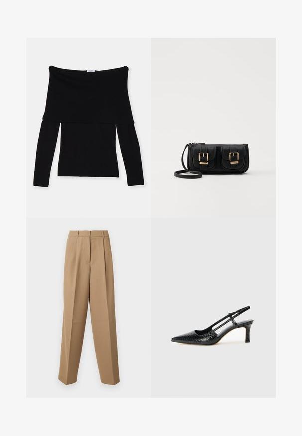 Svart av-shoulder langermet topp laget av myk stoff. Har en tettsittende brystparti og en vid hals. Enkelt, søm-fritt design.; Beige skræddersyede bukser med høj talje, plisseret front og brede ben. Stof virker glat med en let glans.; Sorte patent slingback hæl med spids tå, featuring tekstureret slangeskind, justerbar rem og en kort, tekstureret blokhæl.; Svart skinn crossbody veske med to frontlommer, gyldne spenner, glidelåslukking og en slank stropp. Teksturert overflate og kompakt rektangulær form.