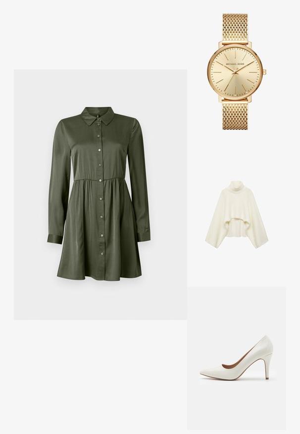 Mango Trui - white; Olijfgroene blousejurk met lange mouwen, een getailleerde taille en kraag, een licht uitlopende rok en omgeslagen mouwen.; Witte laarzen van patenter leer met een scherp neus en een glad oppervlak, met een slanke hak en een lage uitsnede rond de opening.; Goudkleurig horloge met een mesh-band. Ronde wijzerplaat, minimalistisch ontwerp en metallic afwerking. Bevat uurmarkeringen en vier subtiele edelstenen.; Gouden metallic oorbellen met een golvend ontwerp; glad, weerspiegelend oppervlak; asymmetrische vorm; geen zichtbare patronen of hardware.