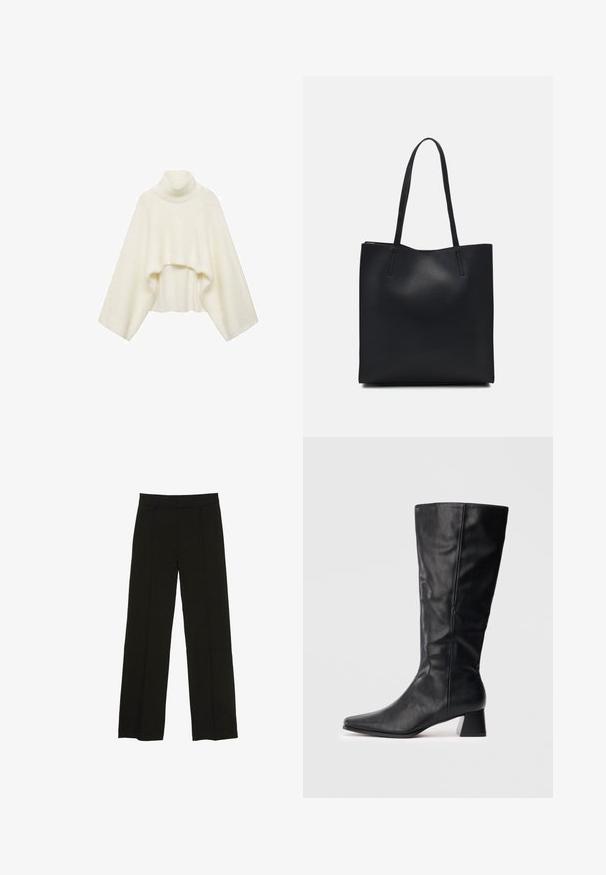 Mango Strickpullover - white; Schwarze weit geschnittene Hosen aus glattem Stoff, ausgestattet mit einem taillierten Bund und dezenten vorderen Falten für zusätzliche Struktur.; Schwarze Lederstiefel in Knöchelhöhe mit spitzer Zehe und Blockabsatz auf schlichtem, hellen Hintergrund.; Schwarze Laptoptasche aus Leder mit glatter Textur, rechteckiger Form und zwei langen Griffen. Keine sichtbaren Beschläge oder Verzierungen.