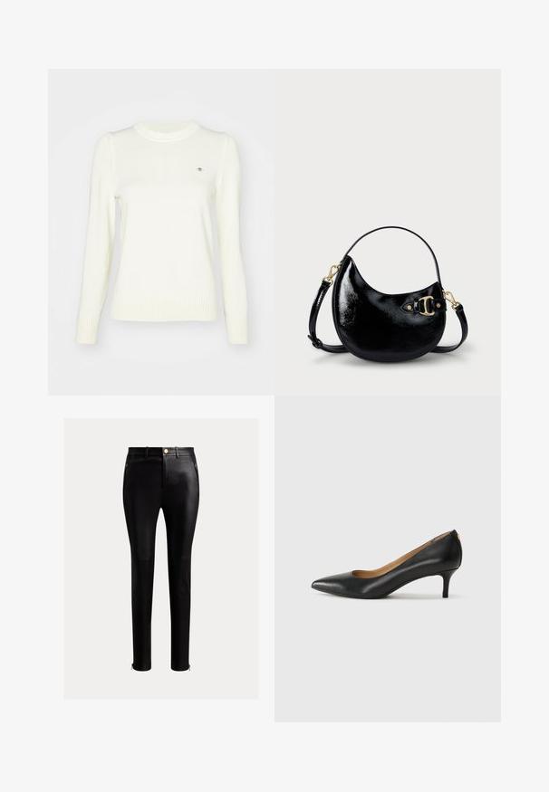 Light cream sweater, knitted texture, crew neck, long sleeves, ribbed cuffs and hem. Subtle logo detail on the chest.; Black, tight-fitting pants made of sleek leather. Features zippered side pockets and contrasting gold hardware accents at the ankles.; Black leather pump with a pointed toe, low heel, and a smooth texture. Features a slight opening at the front and minimal hardware at the back.; Black patent leather handbag with a curved shape, adjustable strap, and gold-tone hardware detail on the side. Smooth, shiny texture.