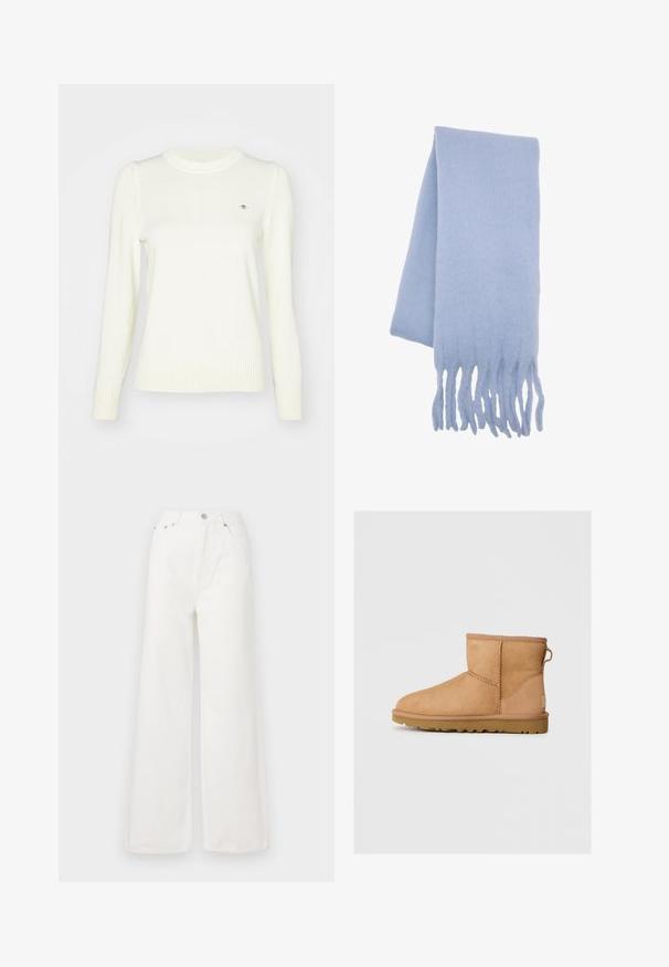 Ljuskremfärgad tröja, stickad struktur, rund hals, långa ärmar, ribbad ärmslut och nederkant. Diskret logodetalj på bröstet.; Vita högmidjade vida jeans i denim. Har framfickor, knappstängning och fransade fållar.; Tan mockasinfärgad ankelbotten med rund tå, sydda detaljer, dragflik på baksidan och ett strukturerat gummisul. Designad för komfort och värme.; Ljusblå ullsjal med mjuk textur, förlängd form och fransade kanter för extra detalj. Perfekt för värme och komfort.; Brun mockaskinns tote-väska med två rejäla handtag, bred öppen topp och minimala söm detaljer, med en mjuk textur och rymligt inre.