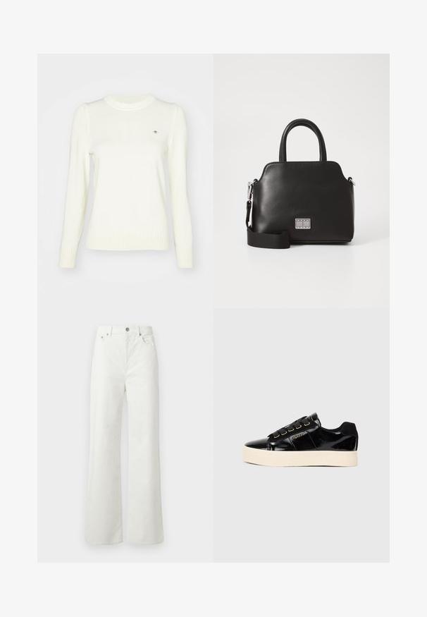 Suéter em creme claro, textura tricotada, gola redonda, mangas longas, punhos e barra canelados. Detalhe discreto do logo no peito.; Samsøe Samsøe SHELLY - Calças de ganga de corte relaxado - clear cream; Sapatilhas de couro envernizado preto com uma sola creme plana. Apresenta atacadores pretos, ilhós dourados e detalhe do logotipo na lateral. Design de biqueira arredondada.; Bolsa sintética preta com alças superiores, alça de ombro destacável, formato arredondado, textura suave e detalhe em logo prateado na frente.