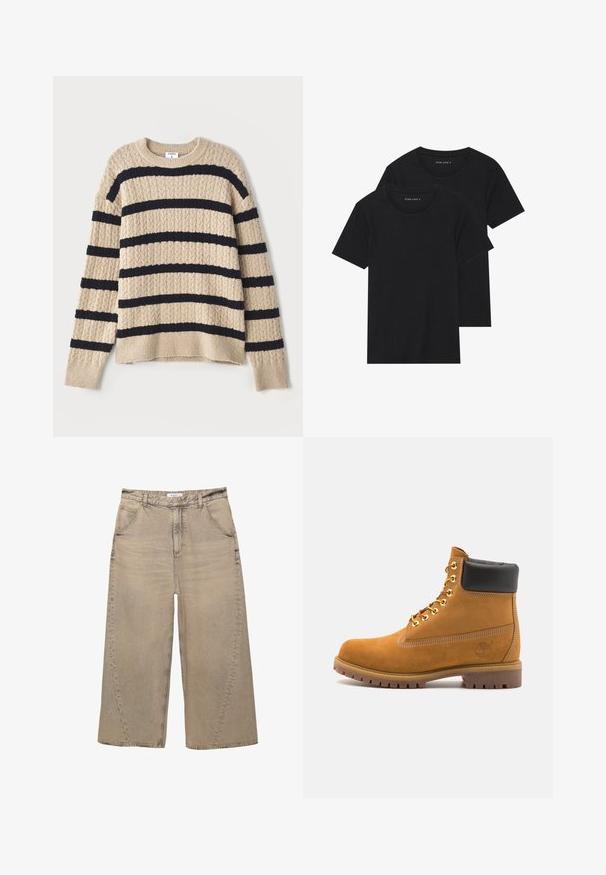 Maglione beige lavorato a maglia con strisce orizzontali blu scuro, caratterizzato da un motivo testurizzato e polsini a costine. Collo rotondo e vestibilità rilassata.; Due magliette nere di cotone a maniche corte, con scollatura rotonda e una texture liscia, esposte impilate insieme.; PULL&BEAR MEGA BAGGY - Jeans baggy - light grey; Stivale alla caviglia in suede tan con collare imbottito nero, occhielli in metallo dorato, dettagli in cucitura bianca e suola in gomma robusta con battistrada pronunciato.