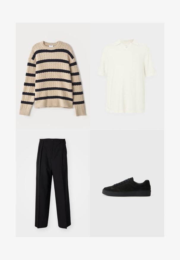 Bež pulover iz pletene tkanine z temno mornarskimi vodoravnimi črtami, ki ima teksturiran vzorec in rebraste manšete. Krogla dekolte in sproščen kroj.; Polo majica s kratkimi rokavi, svetlo kremne barve, izdelana iz teksturiranega materiala, z v-izrezom in klasičnim ovratnikom.; Črne nabirane hlače s ravnim, širokim krojem. Narejene so iz gladkega materiala in imajo zadrgo ter pasne zanke.; Črne nubuk teniske z ravnim, teksturiranim podplatom, zaobljenim nosom, šestimi luknjami za vezalke in minimalističnim dizajnom.