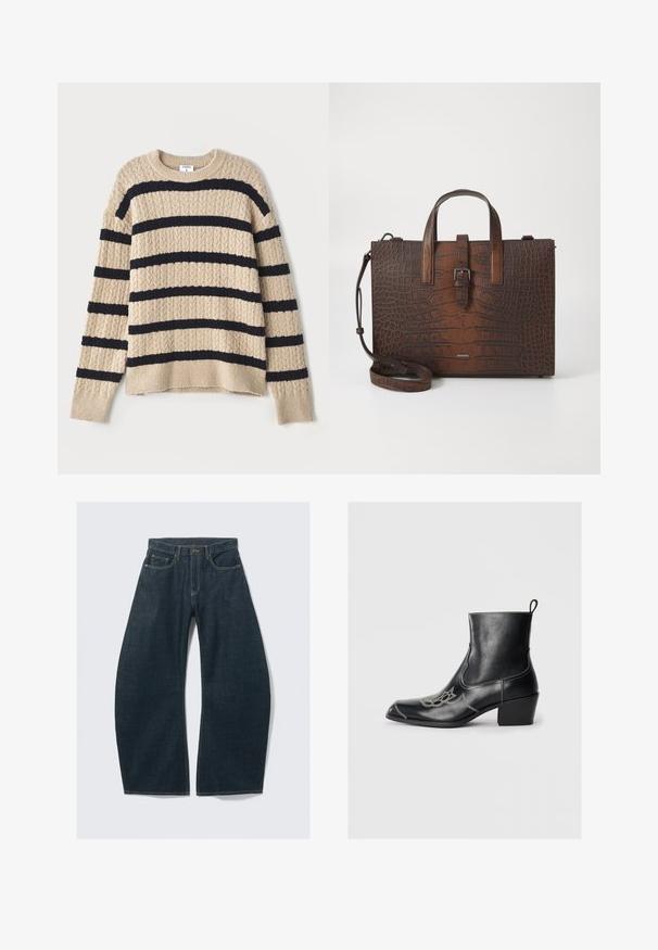 Beige neulepaita, jossa on tummanlaivastonsinisiä vaakaraitoja, jossa on teksturoitu pinta ja ribbireunat. Pyöreä kaula-aukko ja rento malli.; Tummansiniset leveälahkeiset farkut denimiä, joissa viisi taskua, näkyvät saumat, nappikiinnitys ja siisti viimeistely.; Mustat nahkaiset nilkkurit, joissa on neliönmuotoinen kärki, koristeompeleet ja matala blokki korko. Varusteena vetonauha helppoa pukemista varten.; Ruskea krokotiilien kuviollinen nahkakäsilaukku, jossa on yläkahvat ja irrotettava olkahihna. Ominaisuuksiin kuuluu solkilukko ja suorakulmainen muoto.