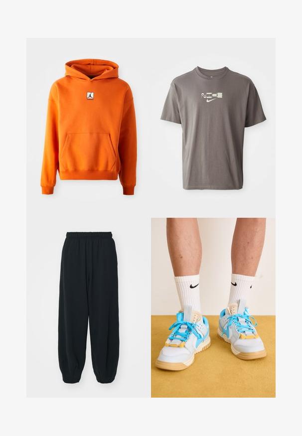 Narancssárga kapucnis pulóver elülső zsebbel, hosszú ujjakkal és zsinóros kapucnival. A mellkason fekete-fehér logó található. Puha szövet textúra.; Barna, rövid ujjú póló, elöl világos színű "Nike" logóval, könnyed, laza fazonnal.; Fekete, rugalmas derékpántos melegítőnadrág, laza fit, véget érő szárakkal, sima textúrával, látható minták vagy hardver díszek nélkül.; Világoskék sportcipők bézs talppal, hangsúlyos türkizfűzőkkel és sárga kiegészítőkkel. Texturált anyagok és látható lég párnázás.