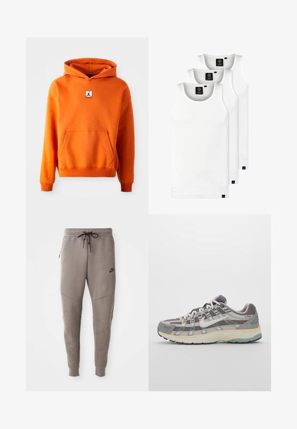 Oranžna kapuca z zadrgo in žepom spredaj, dolge rokave in kapuco s vrvico. Ima črno-belo logo na prsih. Mehak teksturiran material.; Tri bele rebraste majice brez rokavov iz bombaža. Imajo okroglo izreza in majhne črne etikete blizu roba. Na voljo v več velikostih.; Sive Nike trenirke z vrvico v pasu, pripete noge, stranske žepke in izrazitim šivom. Mehka, teksturirana tkanina.; Sive športne čevlje z zgornjim delom iz mrežastega in semiš materiala, belimi akcenti, oblazinjenim podplatom ter edinstvenim dizajnom z odsevnimi elementi.