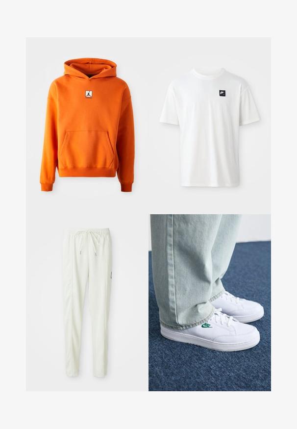 Oranžna kapuca z zadrgo in žepom spredaj, dolge rokave in kapuco s vrvico. Ima črno-belo logo na prsih. Mehak teksturiran material.; Bela bomba iz 100% bombaža s kratkimi rokavi in okroglim izrezom; na levem prsnem delu ima majhen črn pravokotni logotip Nike Air.; Beli ožji jogger hlače s prilagodljivim pasom in vrvico, z bočnimi šivi in majhnim črnim patcheom na desni nogi.; Bela usnjena športna obutev z zelenim Nike logotipom, okrogla konica, ravna podplat, v kombinaciji z svetlo modrimi kavbojkami, prikazana na modrem preprogu.