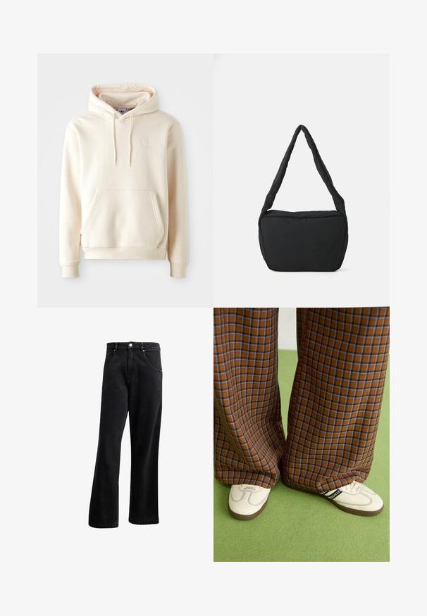 Hoodie de cor creme, feita de tecido macio, com um bolso frontal, capuz com cordão e um pequeno logótipo branco no peito.; T-shirt Adidas de cor cinza carvão com mangas curtas e um pequeno gráfico em neon verde de altifalantes, sol e o logo da Adidas no lado esquerdo do peito.; Jeans de ganga preta com um design de perna reta, apresentando bolsos frontais, fecho de botão e uma leve textura. Inclui um detalhe de logótipo discreto.; Calças largas em padrão xadrez castanho e azul, combinadas com sapatos brancos com detalhes pretos e solas texturizadas, contra um fundo verde.; Saco preto de ombro com uma textura almofadada, uma forma arredondada e uma alça larga, apresentando um logótipo em relevo na parte da frente.