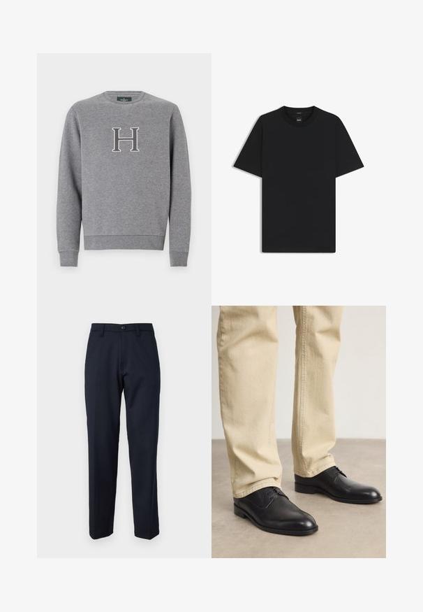 Felpa grigia con scollo a girocollo, polsini e orlo a coste. Presenta una lettera "H" ricamata di colore contrastante sul petto. Texture liscia.; Maglietta nera a maniche corte realizzata in un morbido misto cotone, con scollatura a girocollo e un design minimalista senza motivi o dettagli.; Pantaloni blu navy realizzati in un tessuto liscio, con bottone frontale, design a gamba dritta e tasche laterali. Nessun motivo o decorazione visibile.; Scarpe stringate in pelle nera con punta arrotondata, finitura liscia e dettagli di cucitura sottili, indossate con pantaloni beige chiaro.