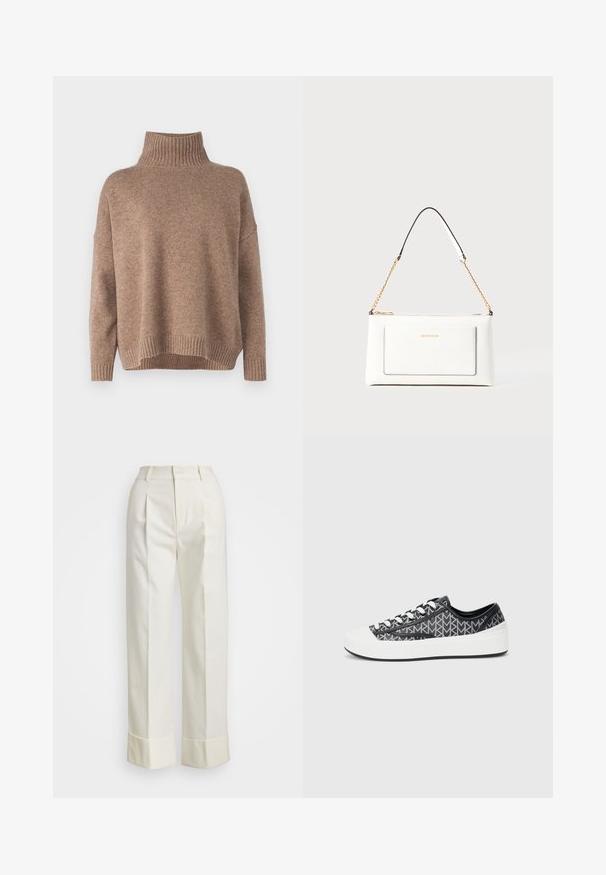 Weekend Max Mara BORGIA - Strikkegenser - marrone chiaro; Hvite skreddersydde bukser med høy midje, doble frontfold, og vide ben med brettede mansjetter. Laget av et glatt, teksturert stoff.; Svart- og gråmønstrede sneakers med en hvit gummitåhette, med snørelukking og teksturerte svarte detaljer på sidene.; Hvit lærveske med teksturert overflate, utstyrt med gullkjede for å bære over skulderen og svarte detaljer. Inkluderer en frontlomme og glidelås.