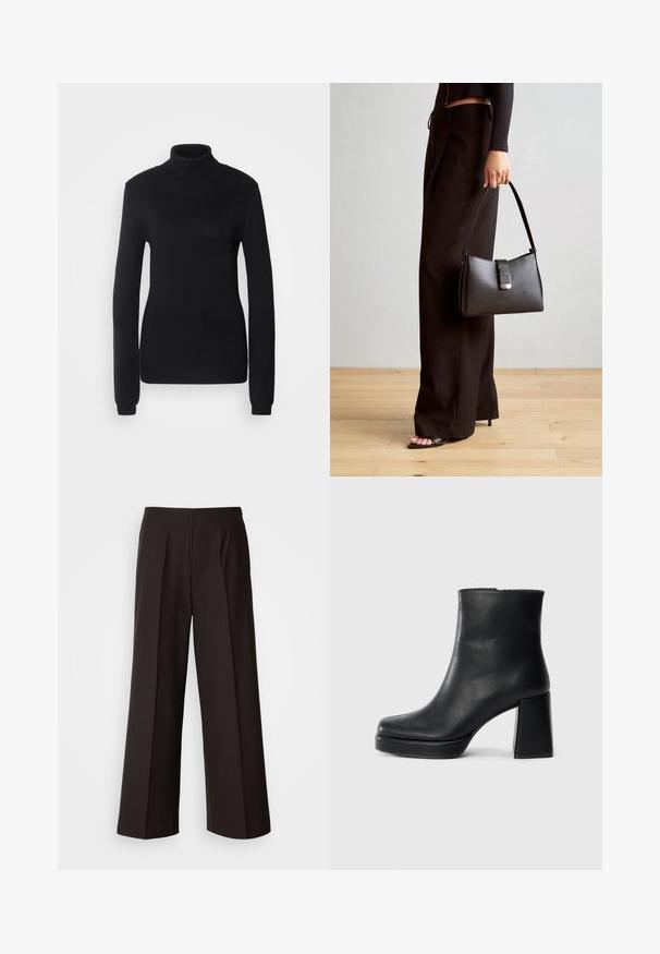 Juodas golfas, pagamintas iš minkštos megztos medžiagos, su ilgomis rankovėmis ir prigludusia siluete, turintis gyslotą apykaklę ir apatinę kraštą.; Juodos plačios kojos kelnės su lygiu priekine dalimi, raukiniais ir švelnia medžiagos tekstūra. Yra aukštas liemuo ir pritaikytas kirpimas, užtikrinantis struktūrizuotą prigludimą.; Juodas odinis kulkšninis botas su bloku ir platformos padu, matomas šoniniu vaizdu ant balto fono.; Juodas rankinė struktūrizuota forma, lygi tekstūra ir metalinis užsegimas. Suporuota su plačiomis juodomis kelnėmis ir atvirais bateliais ant medinių grindų.