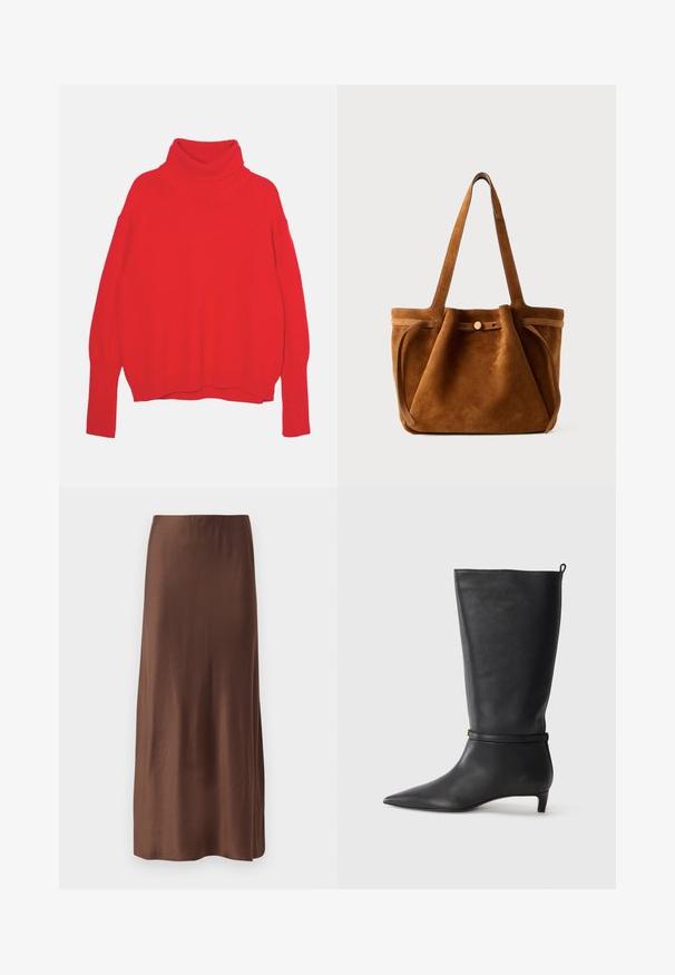 Suéter de gola alta tricotado em vermelho, com um corte relaxado, mangas longas, punhos e bainha canelados. Textura suave e cor sólida por todo o lado.; Saia midi de seda castanha com uma textura suave, apresentando um corte reto e sem padrões ou adornos visíveis. Design simples e elegante.; Bota preta de couro até ao joelho com bico fino, realçada por uma tira circular ao redor do tornozelo e um salto baixo e afunilado. Textura suave.; Bolsa tote de camurça castanha com alças duplas, uma tira de fecho em botão e uma forma descontraída, ligeiramente mole.