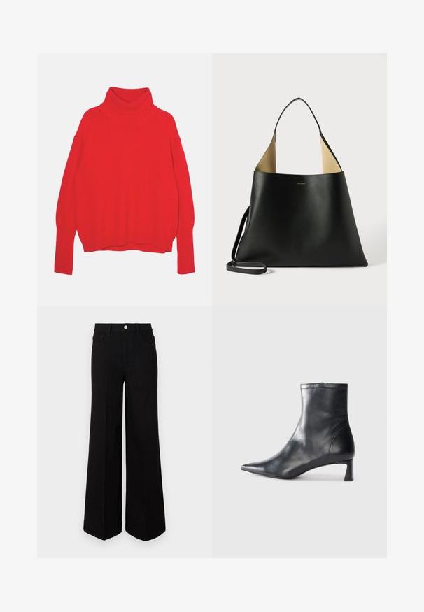 Roter gestrickter Rollkragenpullover mit lässiger Passform, langen Ärmeln, gerippten Bündchen und Saum. Geschmeidige Textur und einfarbig durchgehend.; Schwarze weit geschnittene Jeans aus strapazierfähigem Material, mit hoher Taille, Fronttaschen und einem Knopfverschluss vorne. Flacher Saum am Boden.; Schwarze Lederstiefelette mit spitzer Zehe und schlankem Design. Verfügt über einen niedrigen Absatz und einen Reißverschluss hinten. Glatte Textur.; Schwarze Leder-Tote mit einem geräumigen, eckigen Design. Verfügt über ein kontrastierendes, hellbraunes Innenfutter und einen dünnen Schulterriemen. Minimalistisches Branding ist angebracht.