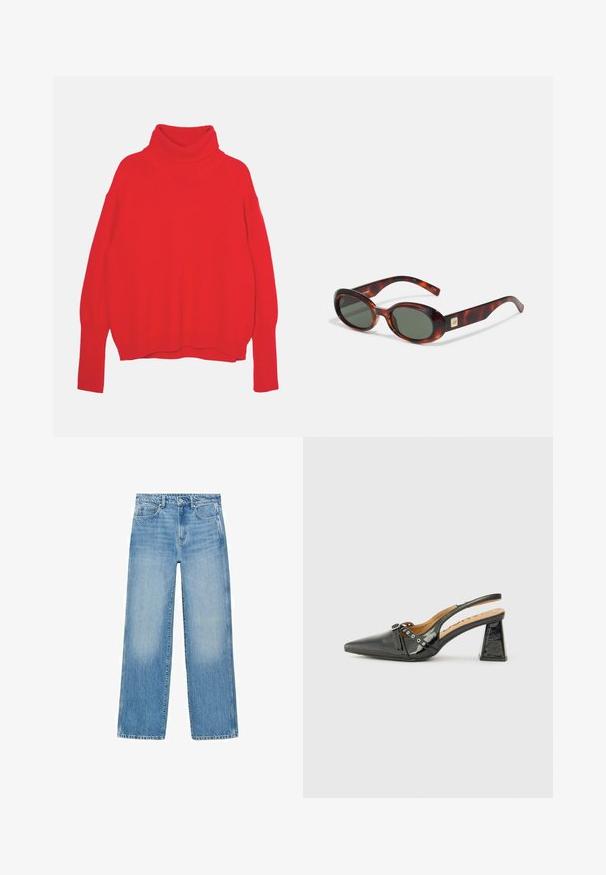 Rdeč pleteni pulover s turtleneck ovratnikom, sproščenega kroja, dolgimi rokavi, rebrastimi manšetami in robom. Gladka tekstura in enotna barva po vsej površini.; Svijetloplave traperice ravnog kroja, s dizajnom od pet džepova i suptilnim blijeđenjem. Imaju kopčanje na gumbe i patentni zatvarač u struku.; Črne lakirane slingback čevlje s koničastim nosom, trikotnim peto in okrasno zanko s srebrnimi poudarki. Gladka tekstura.; Svetlo-rjava sončna očala v obliki ovala z temnimi lečami in širokimi ročaji. Imajo majhen zlat detajl na strani. Gladek plastičen material.; Tkaninska torba iz olivno zelene barve z prostornim, okroglim oblikovanjem in enim podolgovatim ročajem za nošenje. Teksturirana površina.