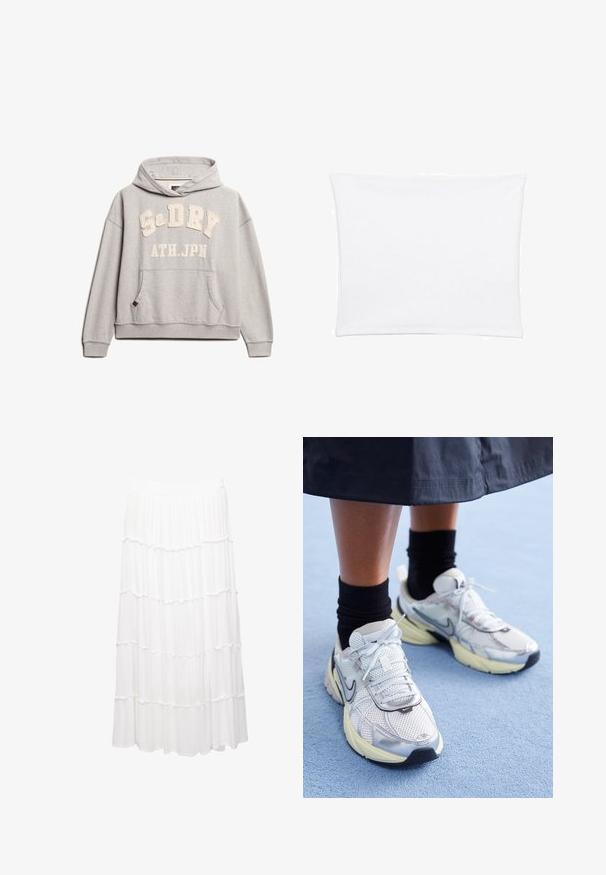 Superdry & Co - Bluza z kapturem; Biała poszewka na poduszkę o gładkiej, miękkiej fakturze, w kształcie prostokąta i z wyraźnymi brzegami, zaprojektowana do standardowych rozmiarów poduszek.; Biała spódnica warstwowa wykonana z lekkiego materiału, z elastycznym pasem, falbanami i luźnym krojem, sięgającym do połowy łydki.; Białe i srebrne sneakersy Nike z siateczkowym materiałem, odblaskowymi akcentami i beżową podeszwą. Noszone z czarnymi skarpetkami, stojące na niebieskiej powierzchni.