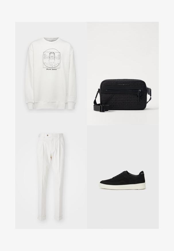 Iceberg FELPA - Sweatshirt - ecru; Hvite, skreddersydde bukser med flat front, to legg, og oppbrett. Laget av et glatt stoff med knappelukking i livet.; Svart semsket sneakers med snøring og kontrasterende hvit gummisåle. Har teksturerte sidepaneler og subtil merkevare på hælen.; Svart crossover-veske laget av teksturert stoff, med en glidelåslomme på framsiden, justerbar stropp og preget logoaksenter.