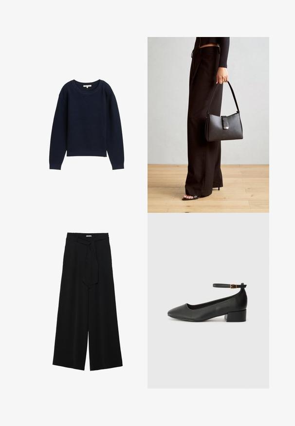 Sötétkék kötött pulóver, laza szabással, széles kerek nyakkal és bordás mandzsettákkal. Az anyagban texturált minta található.; Fekete, bő szárú nadrág, texturált anyagból, rugalmas derékpánttal és levehető sállal a derekán, amely állítható illeszkedést biztosít.; Fekete bőr magassarkú cipő hegyes orral és alacsony tömb sarkal. Bokapánttal rendelkezik, aranyszínű csattal. Simább textúra.; Fekete kézi táska strukturált formával, sima textúrával és fémből készült záródással. Széles fekete nadrággal és nyitott orrú szandállal párosítva, fából készült padlón.