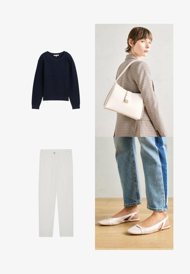 Mornarsko modra pletena pulover s sproščenim krojem, širokim okroglim ovratnikom in rebrastimi manšetami. Ponuja teksturiran vzorec po celotni tkanini.; Bela, krojena hlače z ravnimi nogami, ki vključujejo gumbasto zapiranje, zanke za pas in stranske žepe; gladka tekstura tkanine.; Svijetloružičaste slingback balerinke s šiljastim nožnim prstima, napravljene od glatkog materijala nalik koži. Imaju izrezane detalje sa strane i ravne pete.; Bela usnjena torba s strukturirano zasnovo, opremljena z magnetnim zapiranjem in naramnico, prikazana na nevtralni ozadju.