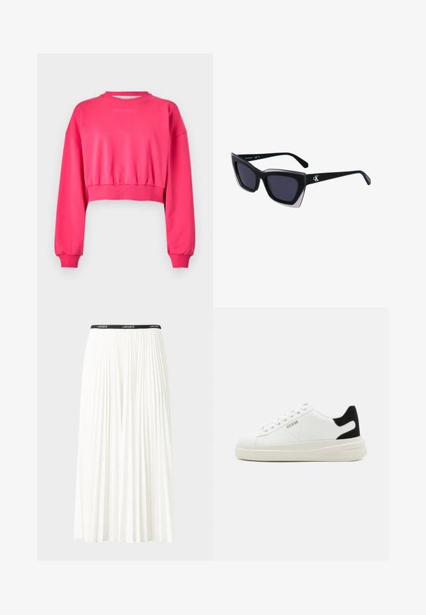 Rózsaszín, rövidített pulóver hosszú ujjal és bordázott mandzsettával. Lekerekített nyakú, minimális márkázással a mellen.; Plisszírozott fehér szoknya fekete elasztikus derékkal, amelyen a "LACOSTE" logó található. Középhosszú kialakítás, puha tapintással.; Fehér bőr sportcipők vastag fehér talppal, fekete velúr sarokpikkelyel és dombornyomott logóval az oldalon. Fűzős kialakítás, hat fűzőlyukkal.; Fekete, nagyméretű napszemüveg geometrikus formával, sötét lencsékkel és kontrasztos szürke részlettel a kereten. Logó a szárán.