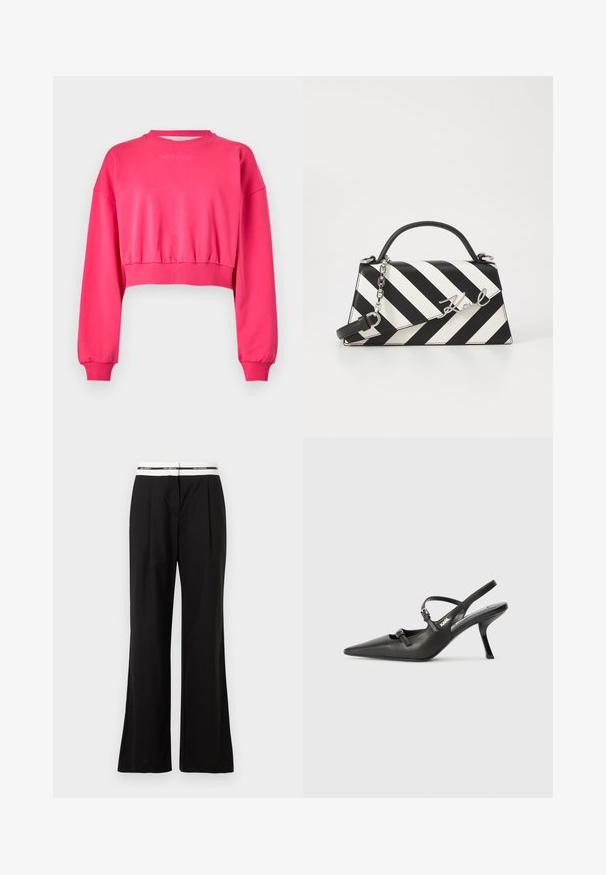 Sweatshirt rosa cropped con maniche lunghe e polsini a costine. Presenta un colletto rotondo e un branding minimale sul petto.; Pantaloni neri con una vestibilità rilassata, dotati di una cintura elastica bianca con branding. Realizzati in un tessuto liscio con una leggera lucentezza.; Scarpe slingback nere in pelle con punta affilata, tacco sottile e dettaglio decorativo a fibbia sulla tomaia. Texture liscia e design elegante.; Borsa a righe bianche e nere con una forma strutturata, dotata di manico superiore, tracolla a catena staccabile e dettaglio logo metallico.