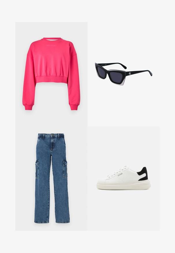 Roze cropped sweatshirt met lange mouwen en ribgebreide manchetten. Heeft een ronde halslijn en minimale branding op de borst.; Blauwe denim cargo broek met een ontspannen pasvorm, voorzien van twee zijzakken, versterkte stiksels en een recht gesneden ontwerp.; Witte leren sneakers met een dikke witte zool, zwarte suède hielaccent en een geperst logo op de zijkant. Vetersluiting met zes oogjes.; Zwarte oversized zonnebril met een geometrische vorm, voorzien van donkere glazen en een contrasterend grijs detail op het montuur. Logo op de arm.
