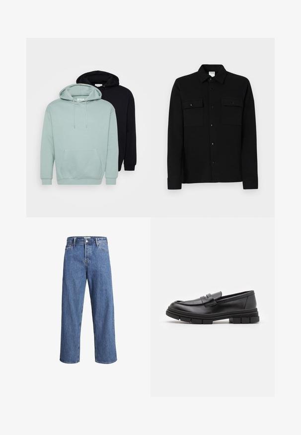 Set van twee hoodies: één licht muntgroen, één zwart. Beide hebben verstelbare trekkoorden, een voorvak en ribgebreide manchetten en boord.; Zwarte button-up skjorte gemaakt van een gladde stof, met twee borstzakken, een puntkraag en knoopmanchetten. Eenvoudig ontwerp met minimale detailing.; Lichtblauwe denimjeans met een recht model, hoge taille en minimale stiksels. De stof heeft een zachte, licht vervaagde textuur.; Zwarte leren instappers met een gladde afwerking, voorzien van een voorste banddetail en een stevige rubberen zool met gegroefde accenten.