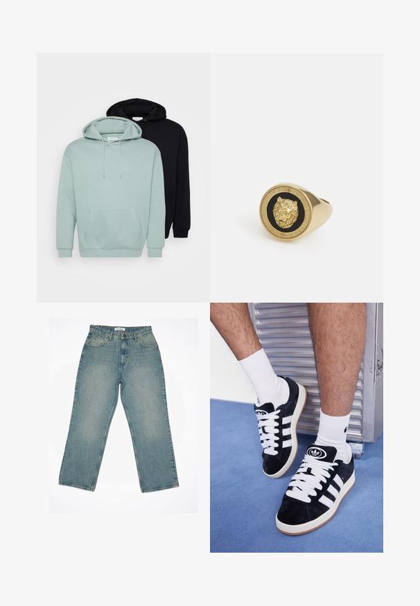 Set van twee hoodies: één licht muntgroen, één zwart. Beide hebben verstelbare trekkoorden, een voorvak en ribgebreide manchetten en boord.; Witte korte mouwen t-shirt gemaakt van zacht katoen. Heeft een ronde hals en een ontspannen pasvorm, met een gladde textuur en een schone, onopgesmukte uitstraling.; Lichtblauwe denim jeans met een hoge taille en een wijde pasvorm. Heeft voorzakken, een rits en zichtbare stiksel-details.; Zwarte suède sneakers met witte veters en drie witte strepen. Heeft een cirkelvormig zwart logo op de tong en een gumrubberen zool.; Gouden ring met een verhoogd leeuwmotief op een zwarte achtergrond, omringd door een circulaire band met de gegraveerde merknaam.