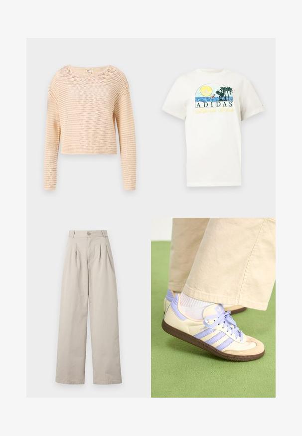 Lys beige cropped sweater med et strikket mesh mønster, lange ærmer, rund halsudskæring og ribbet kant. Blødt, tekstureret stof.; Hvid bomulds t-shirt med et grafisk design af en sol, palmer og vand. "ADIDAS Sports Club" trykt i grøn og gul.; Beige breddebenede bukser lavet af bomuld, med frontfolder, knaplukning, bæltestropper og en glat tekstur.; Creme og lavendel sneakers med tre striber og en tekstureret brun sål, der har snørebånd og en polstret hæl. Blødt stof øvre.