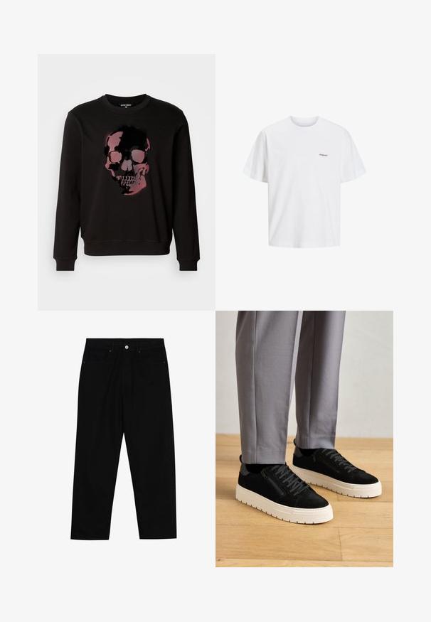 Svart sweatshirt med en central grafik av ett skalle i nyanser av rosa och svart, med rundad halsringning och ribbade ärmslut.; Vit bomull t-shirt med korta ärmar, rundad halsringning, med en liten svart tryckt logotyp "Originals" på vänster framsida.; Svarta denimbyxor med rak passform, femficksdesign och framknäppning. Slät textur med minimala sömdetaljer.; Svarta mockaskor med texturerad yta, som har en vit gummisula och dekorativ sidokoftdetalj, bärs med gråbyxor.