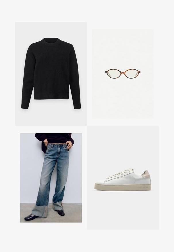 Schwarzer Pullover aus weichem Stoff, mit rundem Halsausschnitt, langen Ärmeln und lockerer Passform, der eine glatte Textur aufweist.; Helle blaue Denim weit geschnittene Jeans mit ausgefransten Säumen, featuring kontrastierenden Nähten und einem lässigen Schnitt. Kombiniert mit dunklen flachen Schuhen.; Weiße Leder-Sneaker mit glatter Oberfläche, beigen Wildleder-Akzenten, runder Zehenpartie, flachem Schnürdesign und einer strukturierten Gummisohle.; Schildpatt-Eyegläser mit ovalen Gläsern und einer eleganten, glatten Oberfläche. Mit dünnen Seiten und einer subtilen Kurve an den Schläfen. Klare Gläser.