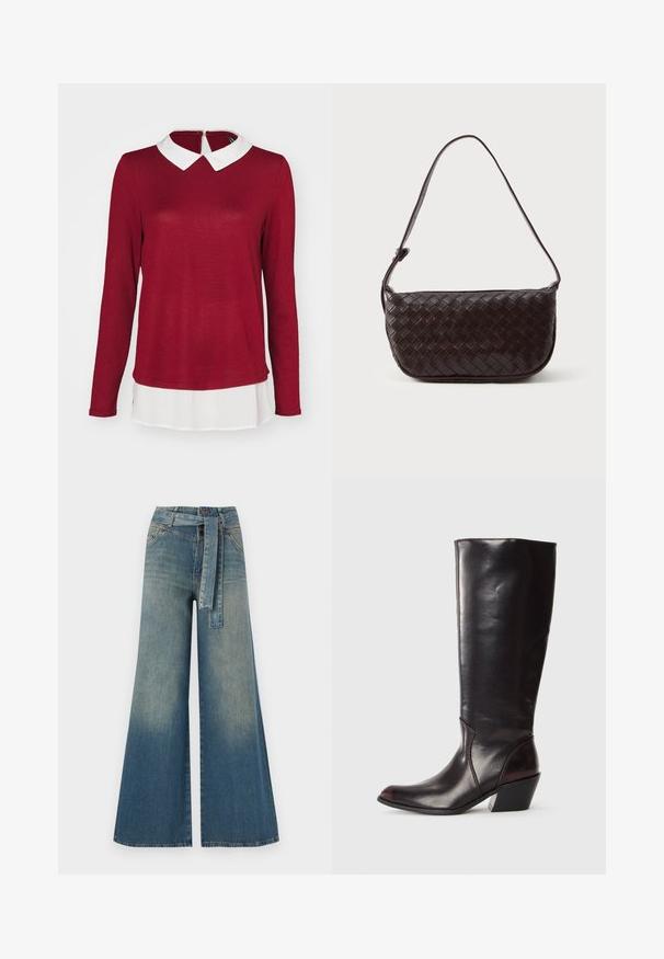 ONLY ONLELCOS SOFT - Maglione - syrah/white; Pantaloni in denim a gamba larga con una sfumatura che va dal blu chiaro al blu scuro, vita alta, passanti per cintura e una cintura in tessuto coordinato. Finitura in denim strutturato.; Stivale in pelle marrone scuro, alto fino al ginocchio, con punta appuntita, tacco a blocco angolare e superficie liscia e lucida. Presenta un design pulito e dettagli di cucitura.; Borsa a spalla in pelle intrecciata di colore marrone scuro, con forma curvata, tracolla regolabile e finitura liscia. Design compatto senza hardware visibile.