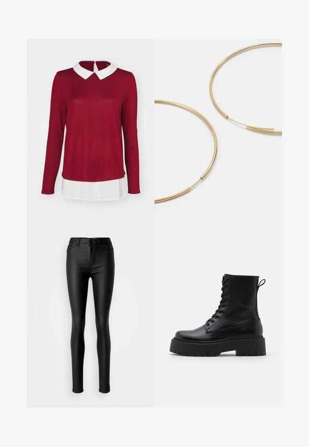 ONLY ONLELCOS SOFT - Strickpullover - syrah/white; Schwarze, enganliegende Skinny Jeans aus Kunstleder mit glatter Textur, hoher Taille, Knopfverschluss und traditionellem Fünf-Taschen-Design.; Schwarze Lederstiefeletten mit runder Zehenpartie, Schnürung vorne und einer dicken Gummisohle mit strukturiertem Profil. Mit Zugschlaufe an der Rückseite.; Goldfarbene Ohrringe in Form von dünnen, runden Kreolen, mit einer glatten, metallischen Oberfläche und ohne Verzierungen oder Muster.; Schwarze Leder-Geldbörse mit Klappverschluss, goldfarbener Hardware und Logo-Akzent. Inklusive abnehmbarem Trageriemen.