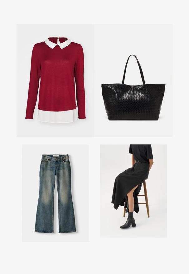 ONLY ONLELCOS SOFT - Trui - syrah/white; Blauwe uitlopende spijkerbroek met een vervaagde wassing, vijf zakken en een knoopsluiting. Het materiaal heeft een denim textuur met subtiele stikseldetails.; Zwarte linnen maxi rok met een hoge split, gedragen met een zwart T-shirt en zwarte enkellaarsjes. Minimalistisch ontwerp met een relaxte pasvorm.; Zwarte geweven schoudertas met twee stevige handvatten, met een glanzende textuur en een ruime open bovenkant.