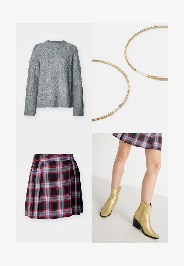 Pilkas megztinis su kabelių raštu, apvaliu kaklu ir dryžuotomis rankovėmis bei apatiniu kraštu. Minkšta tekstūra su šiek tiek mišriu efektu.; Juoda languota sijonas su raudonais, mėlynais ir pilkais langeliais, su raukšlėmis ir plokščiu liemeniu, užtikrinančiu tvirtą prigludimą. Minkšta audinio tekstūra.; Auksinės metalizuotos kulkšninių botai su smailiais pirštais, užtrauktuku ir blokuotos kulno. Klasikinio silueto, su lygiu audiniu ir siūlėmis.; Aukso spalvos žiedo auskarai, ploni ir apvalūs, su lygiu metaliniu paviršiumi be papuošimų ar raštų.