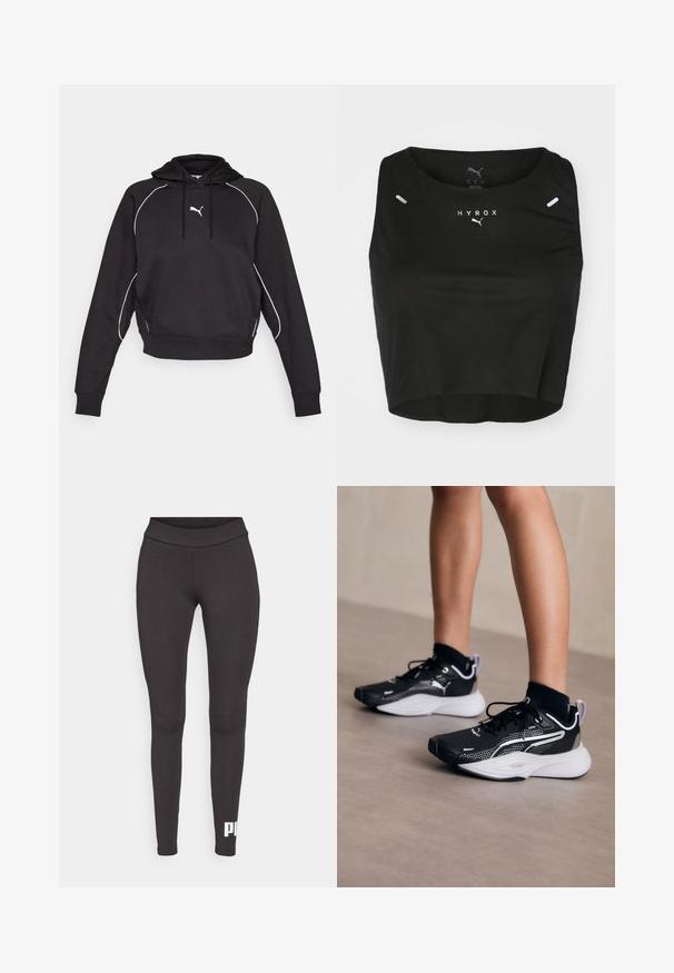 Svart kort jakke med hette og snor, hvite dekorative sømmer og en liten hvit logo på brystet. Myk tekstur på stoffet.; Svart cropped tanktop laget av teksturert stoff, med rund hals, hvit logo og to små reflekterende detaljer på skuldrene.; Sorte leggins laget av elastisk stoff, med høy midje og en hvit logo trykt på nedre venstre ben. Glatt tekstur.; Sorte treningsko med hvite detaljer, mesh-øyverflate, snøring og polstret hæl. Har en teksturert såle for godt grep.