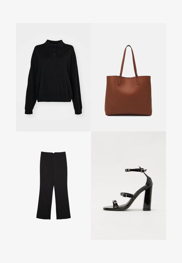 Čierny pulóver s golierom, tromi gombíkmi a voľnými rukávmi. Vyrobený z textúrovanej látky s rebrovaným lemom.; Čierne nohavice so strihom rovného strihu, s prednými vreckami a bočnými rozparkami na leme. Vyrobené z mäkkej, hladkej tkaniny. Vhodné na rôzne príležitosti.; Čierne lakované sandále na podpätku so štvorcovou špičkou, navlečenými remienkami okolo členku a striebornými prackami. Disponujú masívnym blokovým podpätkom pre stabilitu.; Hnedá kožená taška na rameno s hladkou textúrou, otvoreným vrchom a dvoma ramenými popruhmi. Má minimálne šitia a žiadne viditeľné kovania.