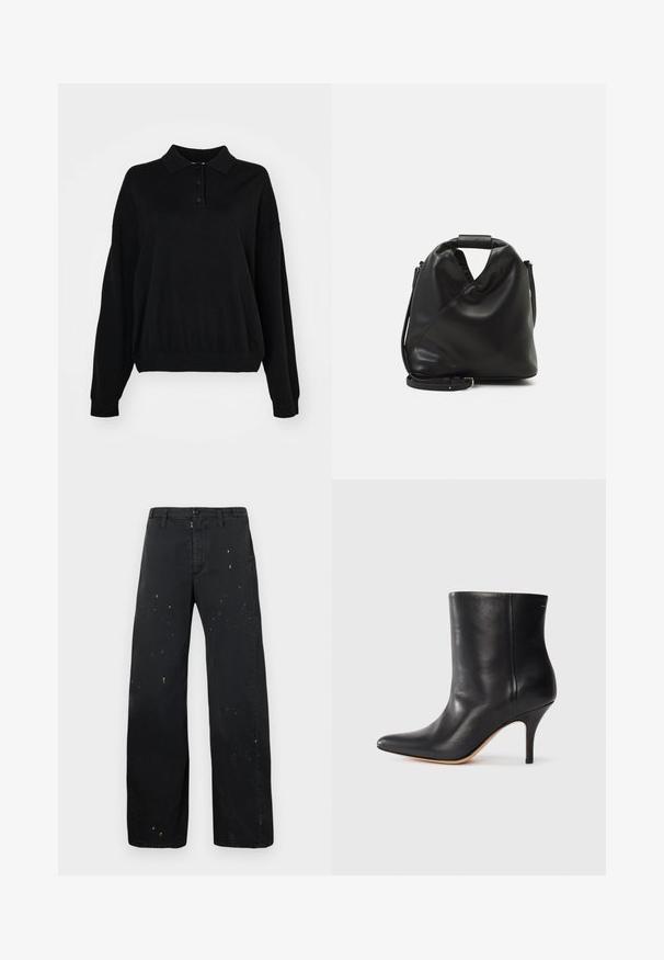 Mustapaita, jossa on kauluspanta, kolme nappia ja löysät hihat. Valmistettu teksturoidusta kankaasta, jossa on ribbireunus.; MM6 Maison Margiela PANTS - Relaxed fit -farkut - black; Musta nahkasaapas nilkkamittaisena, teräväkärkinen, kapea stiletto-korko ja sileä pinta. Minimalistinen muotoilu ilman näkyviä metalliosia tai kuvioita.; Mustan, pehmeän nahkabagin ainutlaatuinen kierretty muotoilu. Varustettu lyhyellä kahvalla ja irrotettavalla olkahihnalla. Minimalistinen tyyli.