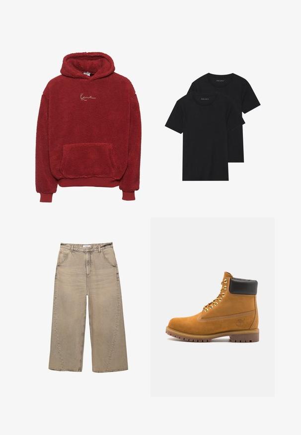 Roter Fleece-Hoodie mit strukturierten Oberflächen, einer Vordertasche und einer Kapuze mit Kordelzug. Verfügt über ein goldgesticktes Logo auf der Brust.; Zwei schwarze Baumwoll-T-Shirts mit kurzen Ärmeln, runden Ausschnitten und einer glatten Textur, übereinander gestapelt.; PULL&BEAR MEGA BAGGY - Baggy Jeans - light grey; Beige Wildleder-Ankle-Boot mit schwarzem gepolstertem Kragen, goldenen Metallösen, weißen Nähdetalben und einer robusten Gummisohle mit ausgeprägtem Profil.