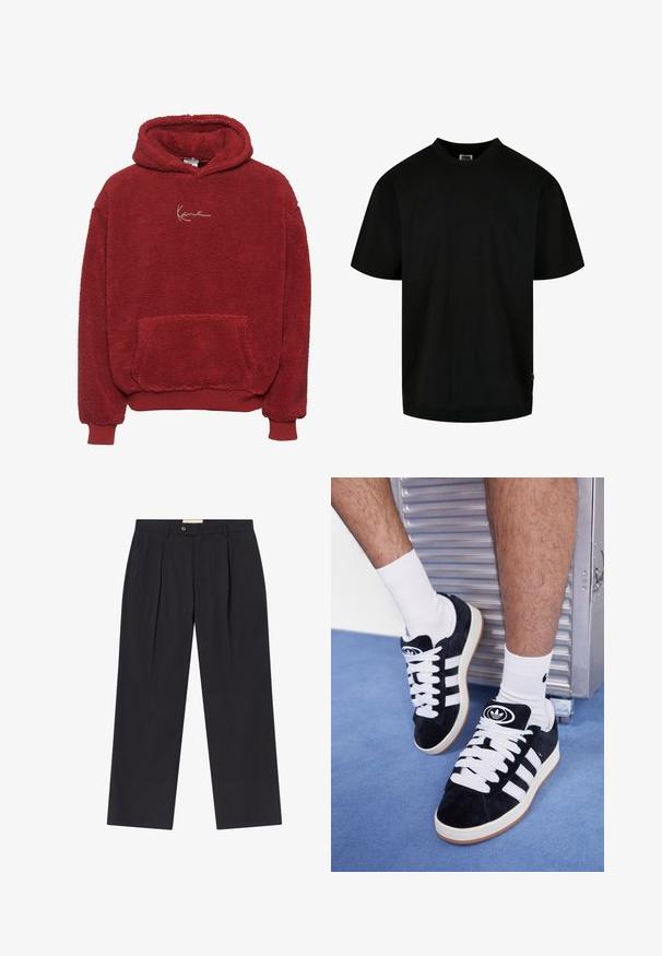 Felpa rossa in fleece con superficie testurizzata, tasca frontale e cappuccio con cordino. Presenta un logo ricamato oro sul petto.; T-shirt nera in cotone, con scollatura rotonda e maniche corte, dal taglio morbido. Design semplice, senza motivi o grafiche.; Pantaloni scuri navy su misura con vita alta, due pieghe frontali, chiusura con bottone e gamba dritta in tessuto liscio.; Sneakers in suede nero con lacci bianchi e tre strisce bianche. Presentano un logo circolare nero sulla linguetta e una suola in gomma color gomma.