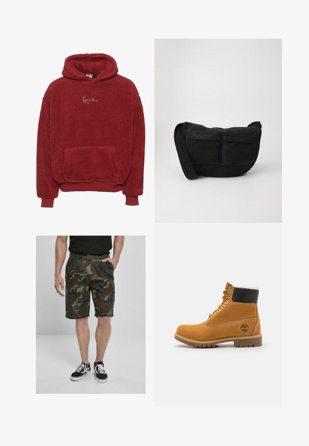 Punane fliistee kapuutsiga soe jakk, millel on tekstuuriline pind, eesmine tasku ja nööriga kapuuts. Rinnas on kuldne brodeeritud logo.; Kamuflaažilised cargo-lühikesed püksid kahekordsete taskutega, valmistatud rohelise ja pruunika kudumiga. Kombineeritud mustade spordijalatsitega, millel on valged paelad.; Pruun nahast pahkluu saabas metallist silmadega, valge karvane vooder, must pehmendatud krae, robustne tallal ja küljes reljeefne logo.; Mustkunstunud lõuendist õlakott, millel on reguleeritav rihm, esikotid ja pehme tekstuur. Kompaktne disain minimaalse detailitusega.