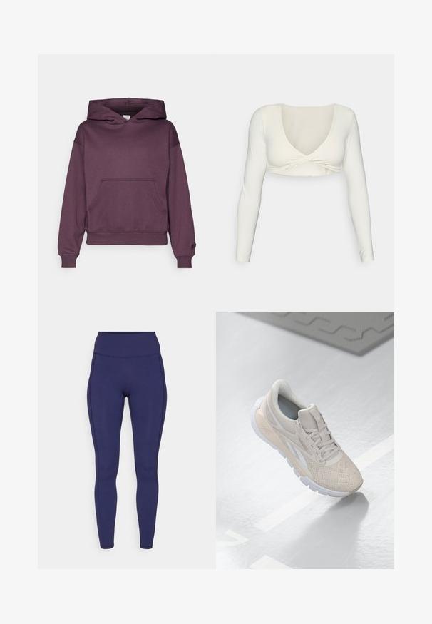 Fabletics COZY HOODIE - Džemperis ar kapuci - deep plum; Balts garais piedurknes apgrieztais tops ar dziļu V veida dekoltē un savītu priekšpusi, izgatavots no gludas, elastīgas auduma.; Jūras spēku augsto jostu legingi, kas izgatavoti no elastīga auduma. Iezīmē plakanas šuvi un ciešu piegriezumu, ar divām sānu kabatām uzglabāšanai.; Gai bēša sporta apavi ar caurumiņiem augšdaļā, teksturētiem akcentiem, mīkstu apkakli un baltu gumijas zoli, kas paredzēti komfortam un gaisa caurlaidībai.