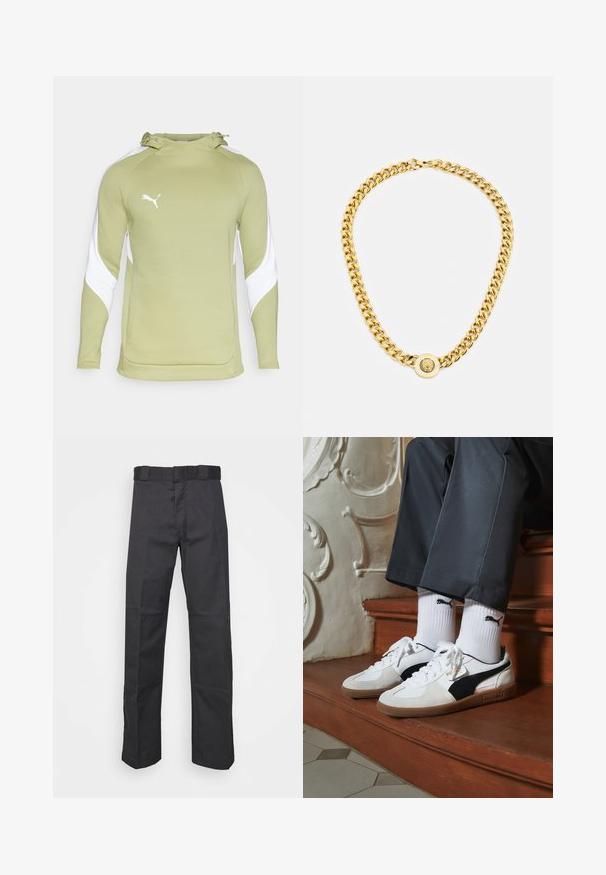 Gaiši zaļš kapucis ar baltām akcentiem un kangoru kabatu. Tam ir kapuce ar auklu un balta Puma logo uz krūtīm.; Melnas bikses, izgatavotas no izturīga auduma, ar taisnu kāju dizainu, jostu ar cilpiņām un šuvēm papildu tekstūrai.; Puma kedas baltā un melnā zamšā, ar brūnu gumijas zoli. Pāris ar baltām zeķēm, kurās redzams melns logo, nēsātas ar tumšām biksēm.; Zelta ķēdes kaklarota ar lielām savstarpēji savienotām saitēm, centrā ar apaļu piekari, kurā ir izcelts emblema.