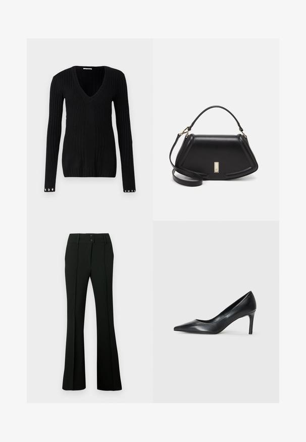 Black ribbed knit sweater featuring a V-neck, long sleeves, and silver button accents on the cuffs. Soft texture and fitted design.; Black flared pants featuring a smooth fabric, high waistband with two buttons, and front pleats, providing a tailored appearance.; Black leather pointed-toe pump with a slim heel, smooth texture, and no visible embellishments. Clean design with a minimalist aesthetic.; Black leather handbag with a structured design, featuring a cropped shape, top handle, and gold hardware accent. Adjustable shoulder strap included.