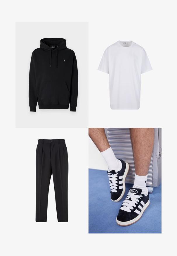 Schwarzer Hoodie aus Baumwollmischung mit Kängurutasche, verstellbare Kapuze, gerippte Bündchen und einem kleinen Logo auf der linken Brust.; Weiße Baumwoll-T-Shirt mit kurzen Ärmeln, rundem Ausschnitt, lockerer Passform und ohne sichtbare Logos oder Muster. Glatte Textur und minimalistisches Design.; Schwarze Hose mit plissiertem Vorderdesign, aus glattem Stoff gefertigt. Mit Knopfverschluss und Gürtelschlaufen; gerade Passform.; Schwarze Wildledersneaker mit weißen Schnürsenkeln und drei weißen Streifen. Verfügt über ein kreisförmiges schwarzes Logo auf der Zunge und eine Gummisohle.